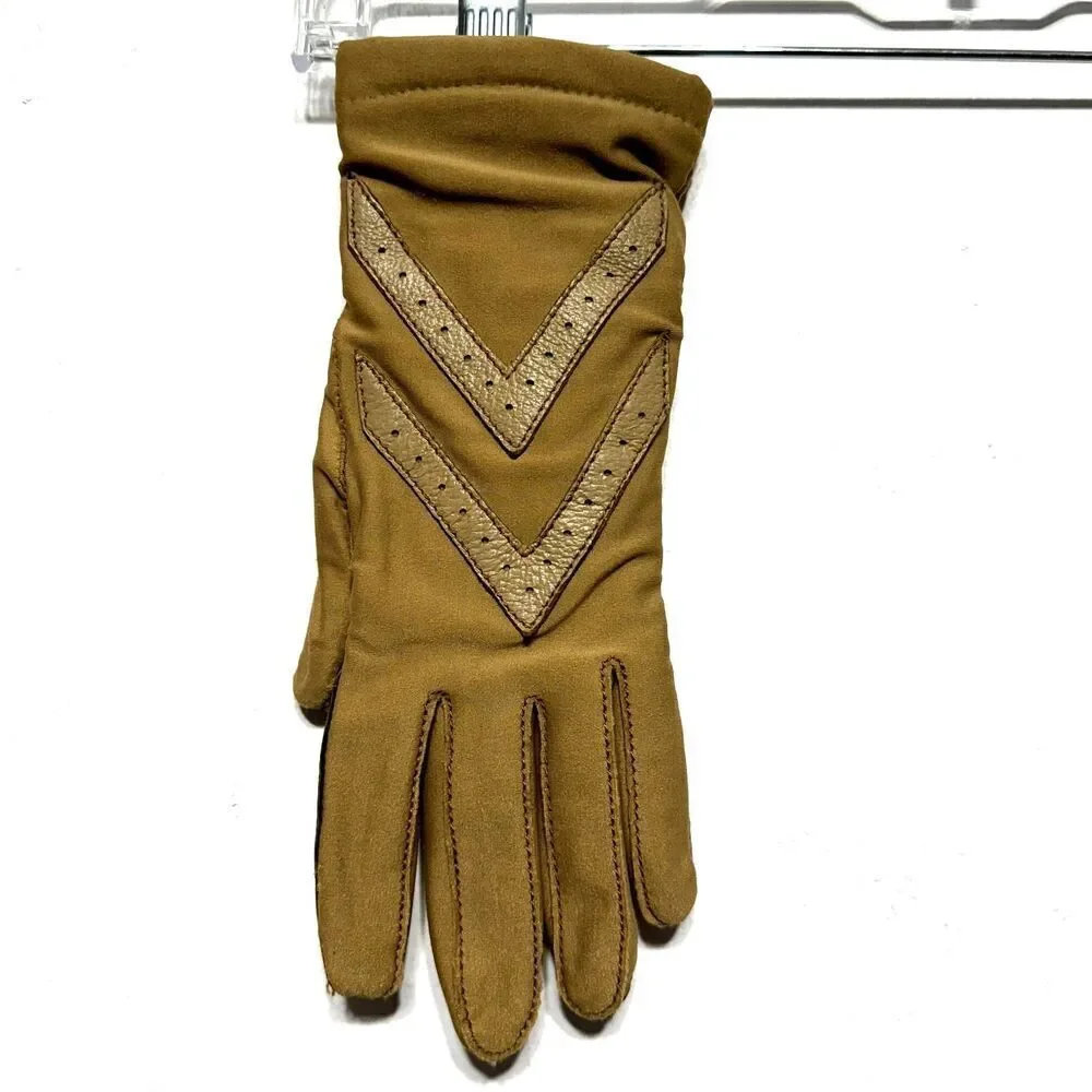 Vintage Driving Gloves Vegan Leather Tan Brown Womens Winter Warm Stretch Lined